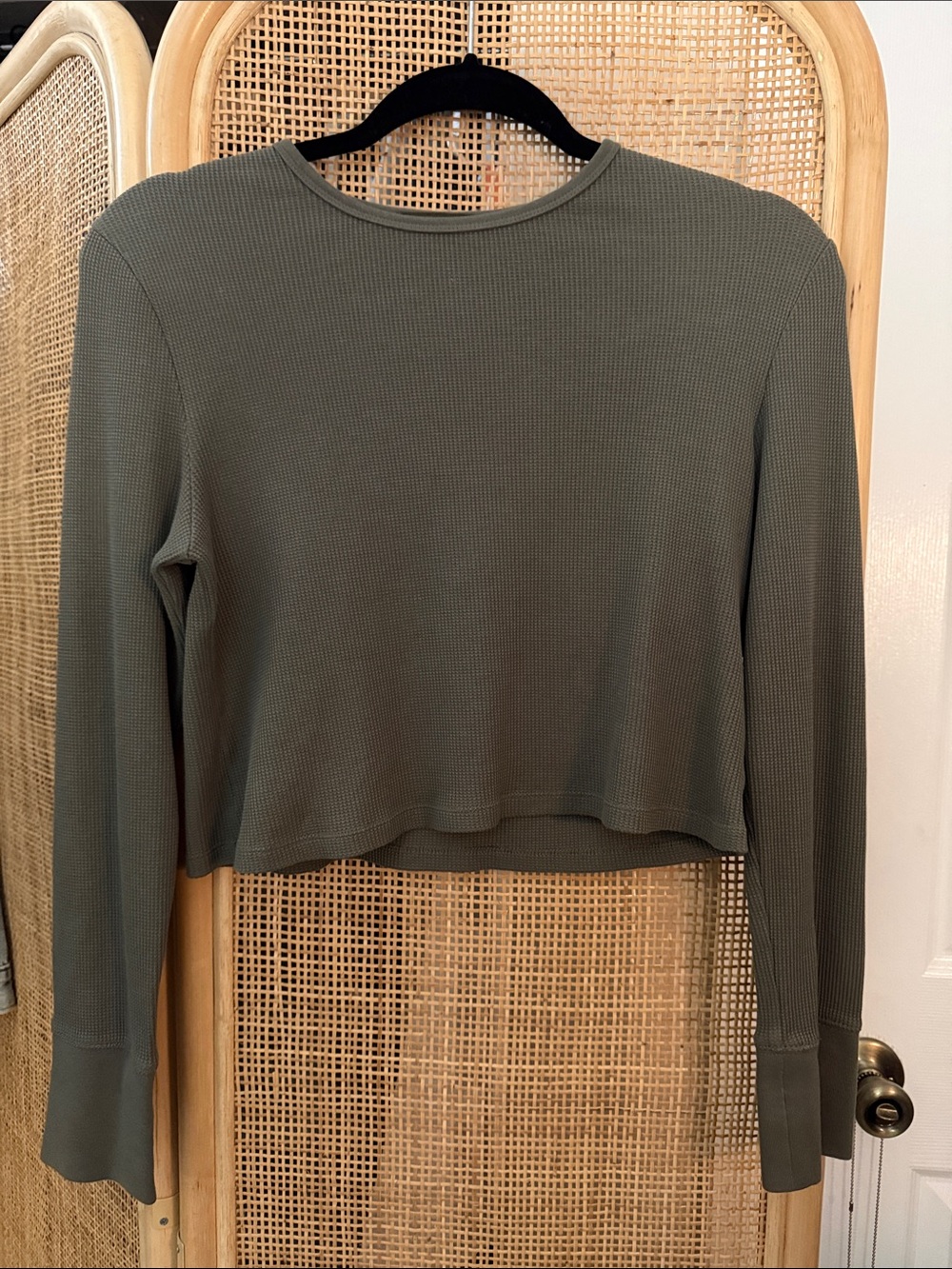 nuuds Olive Green Waffle-Knit Cropped Long Sleeve Top